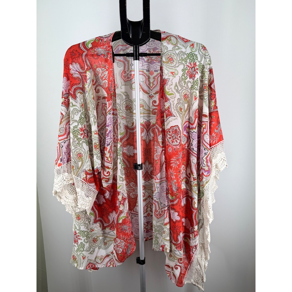Umgee USA Red Paisley Boho Kimono Wrap Crochet Lace Trim M/L